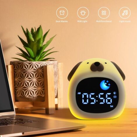 Sveglia luminosa per bambini, a forma di cane, con luce notturna a 8 colori, 6 tonalità di bianco, sveglia digitale, per camera da letto, per bambine e bambini