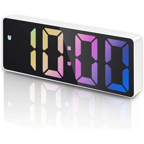 Sveglia luminosa, sveglia digitale con funzione snooze, display LED per temperatura e data, controllo vocale, alimentazione tramite USB/batteria, cassa bianca e numeri colorati