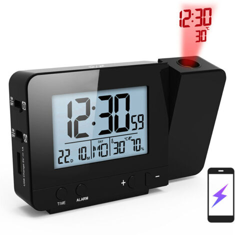 Sveglia nera con proiezione di ora e temperatura, schermo LED, sveglia con ricarica USB, orologio FJ3531 nero, consegna senza batteria