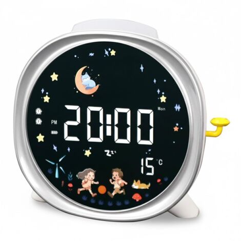 Sveglia per bambini - Luce notturna per camera da letto - Display digitale a LED - Porta di ricarica USB C - Luminosità regolabile - Doppio allarme - Sole e luna - Comodino