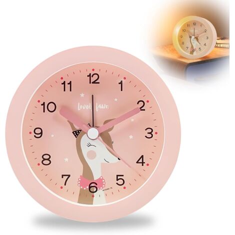 Sveglia per bambini - Senza ticchettio - Sveglia con simpatico cartone animato e luce notturna - Sveglia analogica con allarme delicato - Ritorno a scuola - A batteria (senza batteria) - Cervo rosa