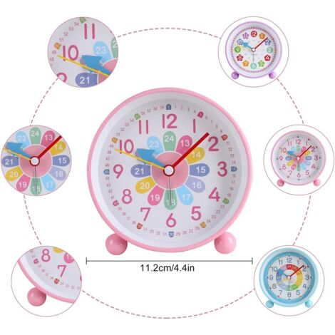 Sveglia silenziosa per bambini, sveglia analogica, sveglia per lo studio dei bambini con luce notturna e funzione snooze, sveglia analogica al quarzo a batteria, rosa.