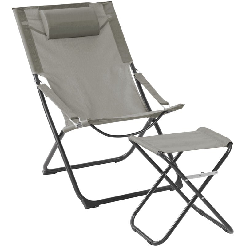 Svita - tomra Chaise longue avec tabouret pliable Chaise de plage Chaise de camping Oreiller gris clair