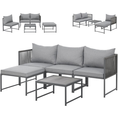 SVITA DETROIT Salon de jardin en résine tressée Canapé d'angle modulable Table Coussins inclus Gris
