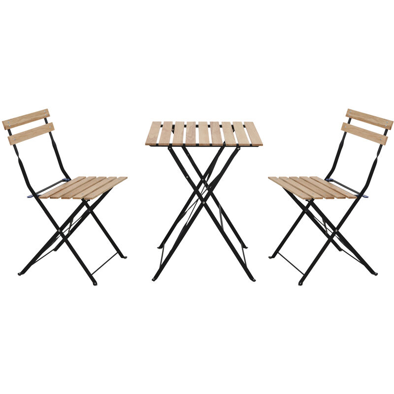 Ensemble bistrot 3 pièces table avec 2 chaises pliantes balcon noir métal bois - Svita