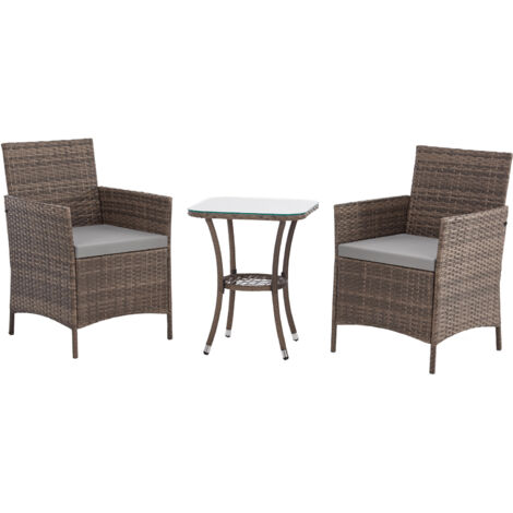 Svita – Ensemble table et chaise de jardin 3 pièces – Rotin marron – Table avec plateau en verre trempé – Coussins polyester hydrofuge