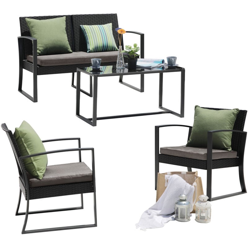 Lois xl Poly rotin Salon de jardin Métal Ensemble Bistro Table Fauteuil Noir - Svita