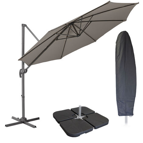 Svita – Parasol déporté 3m gris – Hauteur réglable 2,60m – Rotation 360° – Housse de protection incluse – Base avec 4 poids stabilisateurs