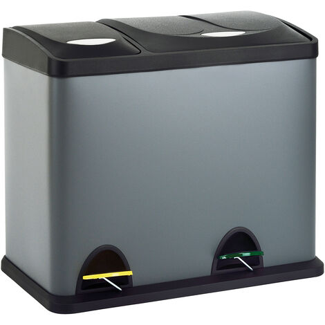 Svita – Poubelle de tri sélectif 26L – Acier inoxydable gris – 2 compartiments (18L + 8L) – Ouverture silencieuse – Pédales antidérapantes - TC2Combo26