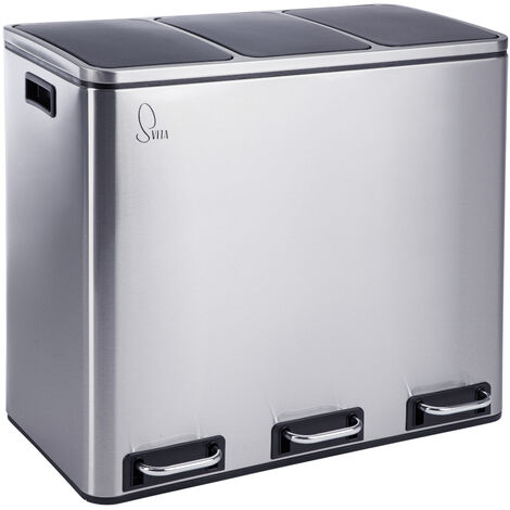 Svita – Poubelle à pédale 54L en acier inoxydable – 3 compartiments pour recyclage – Couvercles amortisseurs – Dimensions 56x61x34cm - TM3X18