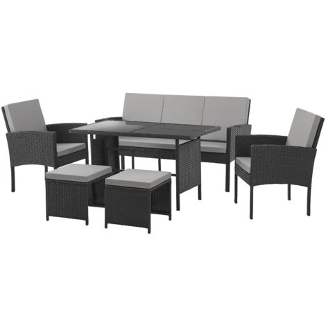 Svita – Salon de jardin en polyrotin noir – Ensemble 6 pièces pour 7 personnes – Table 120x70cm avec plateau en verre – Coussins amovibles gris