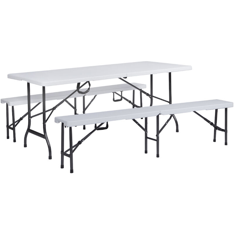 Set table de buffet avec deux bancs pliants table de camping pliable banc 180cm blanc - Hattoro