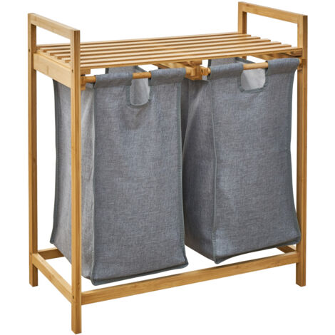 SVITA SULA Panier à linge Collecteur de linge Coffre à linge 2 compartiments avec étagère Bambou Gris