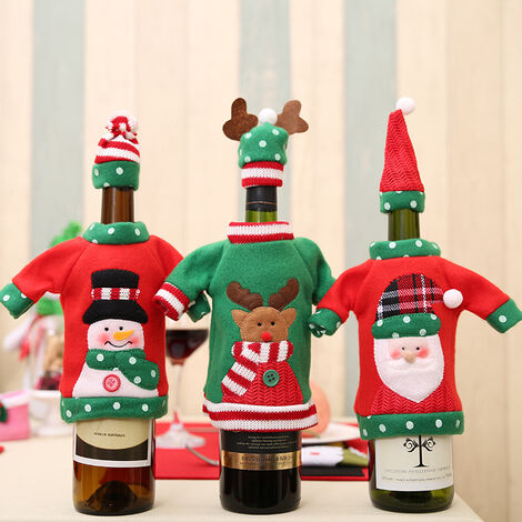 SVKBJROY 3 pcs Pull de Noël couvertures de bouteille de vin Bouteille de Vin, vacances Pull Coque avec chapeau pour Ugly Pull de Noël Décorations de fête---renne