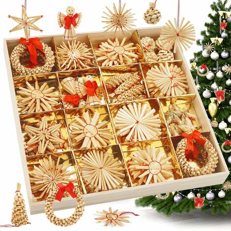 SVKBJROY Decorazioni per albero di Natale (56 pezzi) - Albero di Natale in paglia di grano naturale fatto a mano da appendere - Modello abbinato con spago - Decorazione naturale per albero di Natale