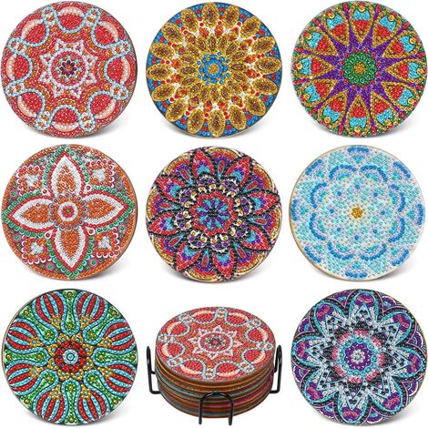 SVKBJROY Lot de 8 dessous de verre en céramique 5D DIY - Dessous de verre - Décoration boho - En bois avec support - Convient pour verres à vin-B