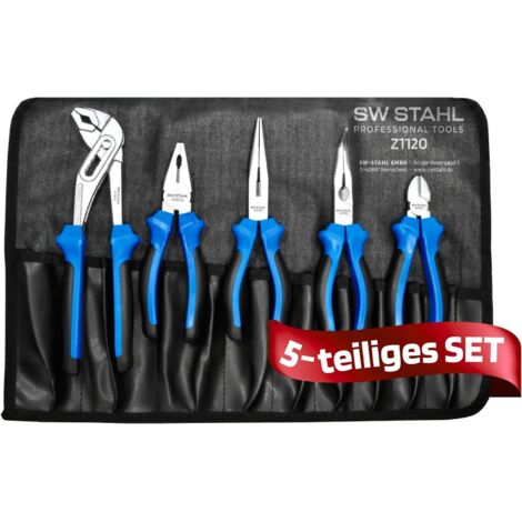SW-Stahl Z1120 Zangensatz 5-teilig I Kombizange klein I Seitenschneider klein I Wasserpumpenzange 240mm I Telefonzange gerade I Telefonzange gebogen I Werkzeug Rolltasche Set I Elektro Werkzeuge Zange
