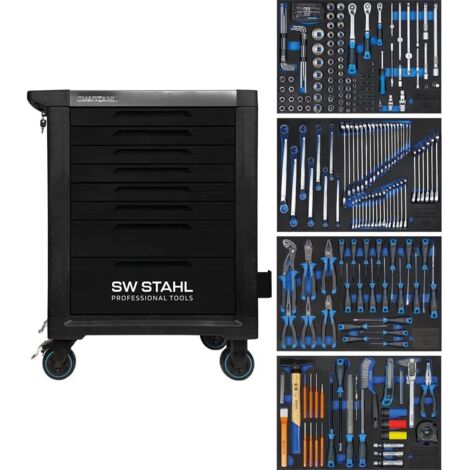 SW-Stahl Z3114 Profi Werkstattwagen TT801 schwarz I 8 Schubladen I 4 Schubladen gefüllt I 246 teilig I Werkstatt Rollwagen mit Werkzeug bestückt I Twin-Lock I Werkstattwagen kit I voll ausgestattet