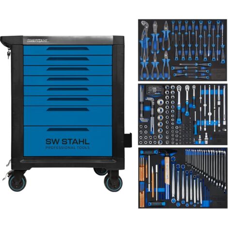 SW-Stahl Z3116 Profi Werkstattwagen TT801 blau I 8 Schubladen I 3 Schubladen gefüllt I 213 teilig I Werkstatt Rollwagen mit Werkzeug bestückt I Twin-Lock I Werkstattwagen kit I voll ausgestattet