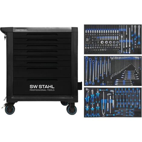 SW-Stahl Z3209 Profi Werkstattwagen TT802 schwarz I 8 Schubladen I 3 Schubladen gefüllt I 304 teilig I Werkstatt Rollwagen mit Werkzeug bestückt I Twin-Lock I Werkstattwagen kit I voll ausgestattet