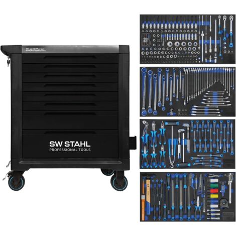 SW-Stahl Z3212 Profi Werkstattwagen TT802 schwarz I 8 Schubladen I 4 Schubladen gefüllt I 338 teilig I Werkstatt Rollwagen mit Werkzeug bestückt I Twin-Lock I Werkstattwagen kit I voll ausgestattet