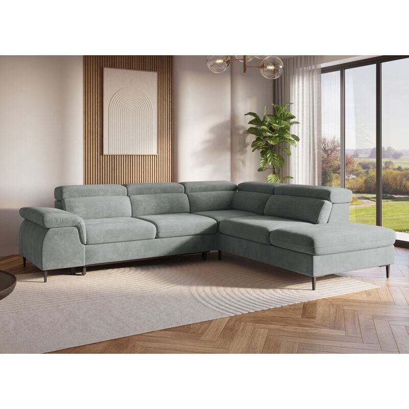 Deco In Paris - swan - Canapé d'angle convertible avec coffre de rangement en velours gris swan - Angle droit