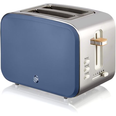 Swan Nordic - Tostapane con slot ampio, 2 fette, 3 funzioni, 6 livelli di tostatura, design moderno in acciaio inox, maniglia effetto legno, blu opaco