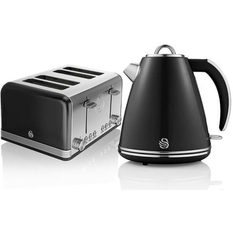Swan - Retro Black Kettle and 4 Slice Toaster Set