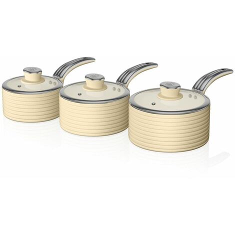 Swan Retro Induction Saucepan Set With Glass Lids, Non Stick Ceramic Coating, Easy to Clean, Cream, 3 Piece, 16/18/20 cm