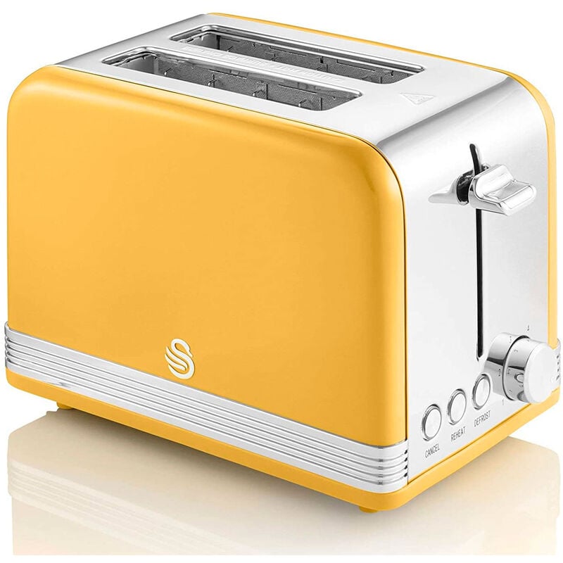 ST19010YELN Retro Grille-pain à Fente Large 2 Tranches, 3 Fonctions, 6 Niveaux, Vintage 800W Jaune - Swan