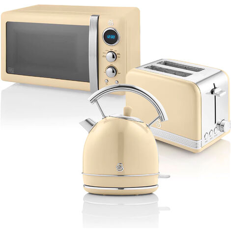 SWAN STRP2070CNEU Retro Set Desayuno Hervidor Agua 1,8L, Tostadora 2 Rebanadas, Microondas Digital 20L, Vintage 850W Crema