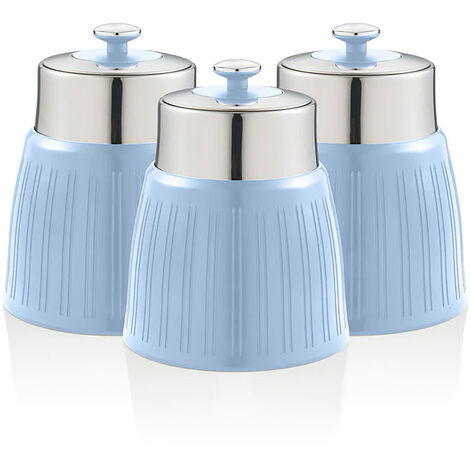 SWAN SWKA1024BLN Set 3 Botes Cocina Almacenaje 1,2 L, Plástico y Acero Inox, Especias, Té ,Café, Retro, Vintage  Azul
