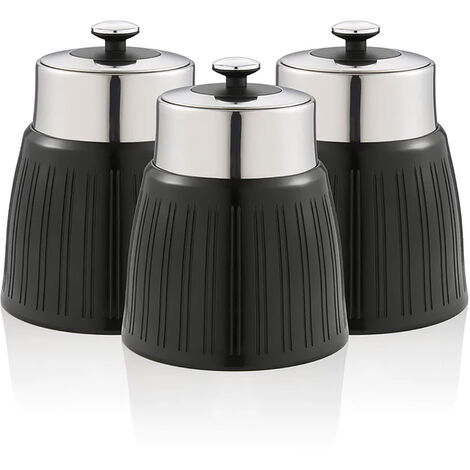 SWAN SWKA1024BN Set 3 Botes Cocina Almacenaje 1,2 L, Plástico y Acero Inox, Especias, Té ,Café, Retro, Vintage  Negro