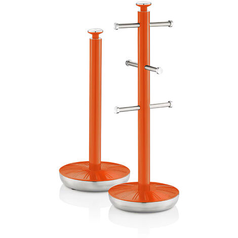 SWAN SWKA1054ON Retro set Porta Rollos Papel Cocina + Porta Tazas para 6 Tazas, Acero Lacado, Diseño Vintage  Naranja