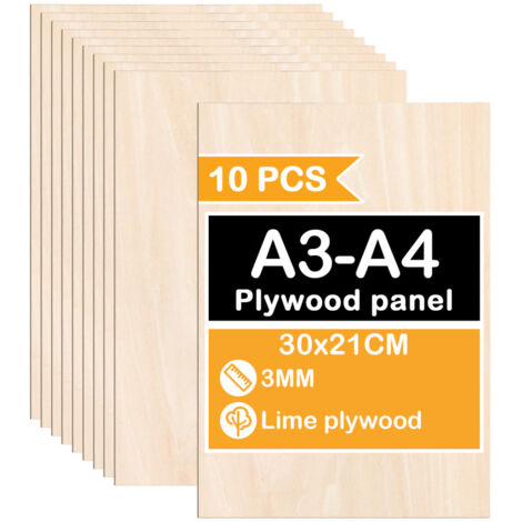 SWANEW 10 pezzi Foglio di legno 300 x 210 x 3 mm Grezzi sottili di compensato Foglio perfetto per seghetto, pirografia, taglio laser, traforo, router CNC A3/A4