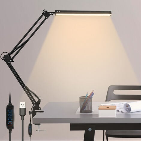 SWANEW 10W Lampe de Bureau LED avec Clamp,Protection des Yeux, Bras Métallique Pliable et Rotatif avec bras pivotant adapté au bureau - noir