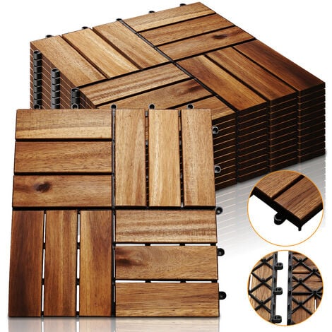 SWANEW 11x Dalles de terrasse en bois d'acacia pour 1m² 30 x 30 cm Jardin extérieur système d’emboîtement et de Drainage - Braun