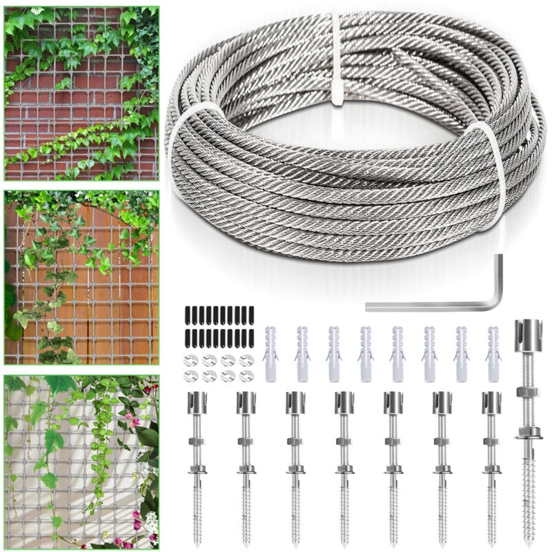 12M Treillis métallique pour plantes Support Pour Plante Grimpante, Kit Complet En Inox Avec Support Mural Et Corde Diamètre 3MM - Swanew