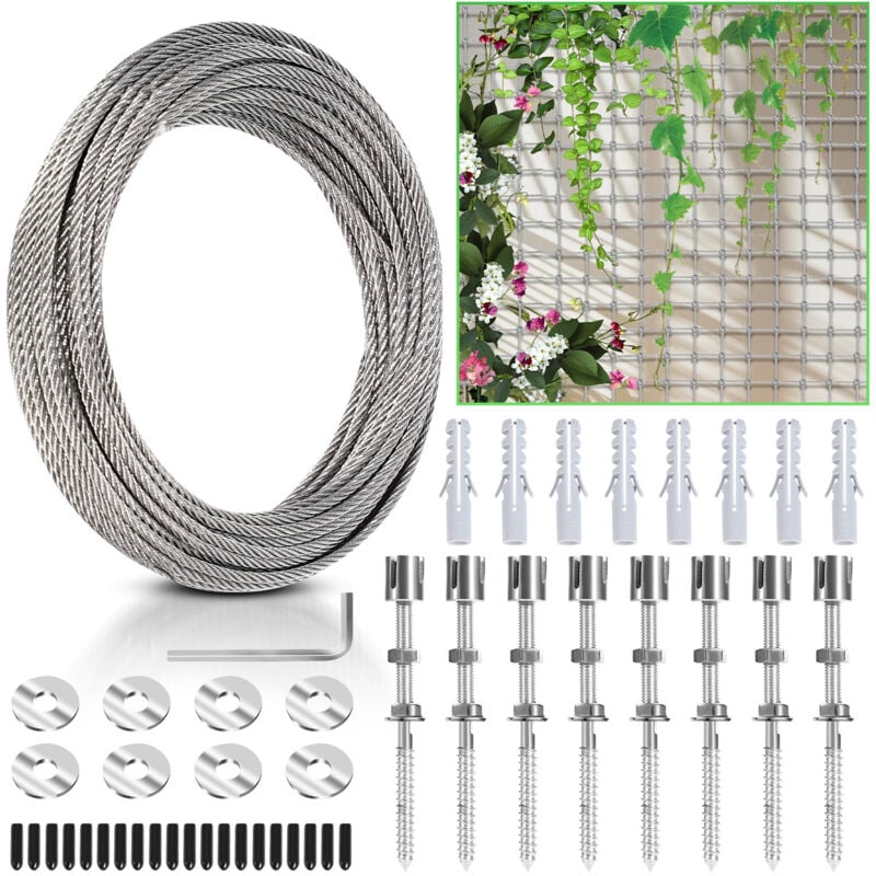 Swanew - 12M Treillis métallique pour plantes Support pour plantes grimpantes kit de suspension de corde en acier inoxydable 3mm