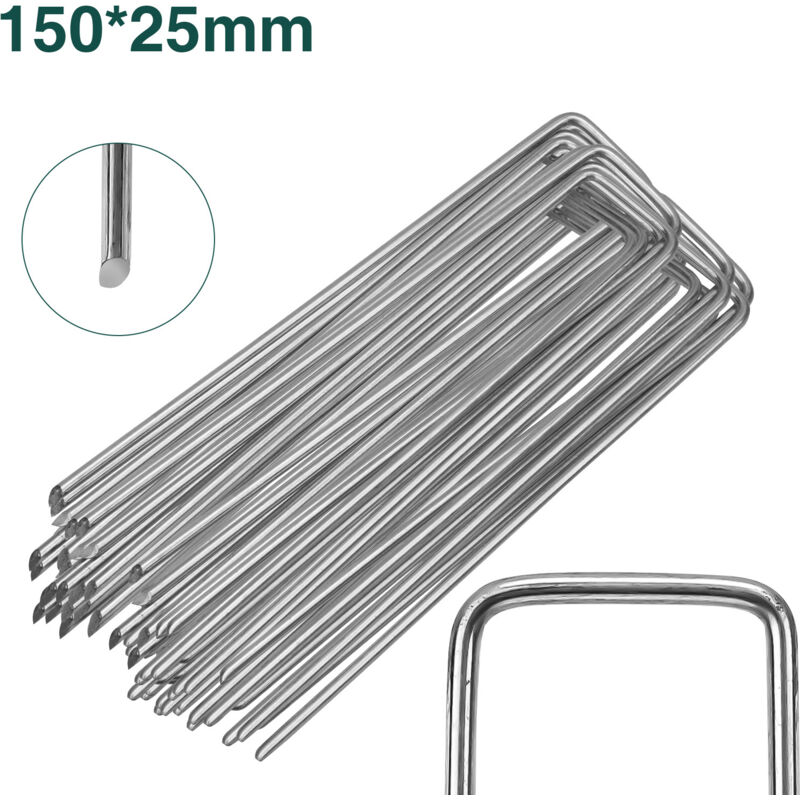 SWANEW 150 pièces Ancre au sol Piquets en acier galvanisé 150 pièces25mm ancrage au sol pour bâches filets de jardinage en U Arrondi