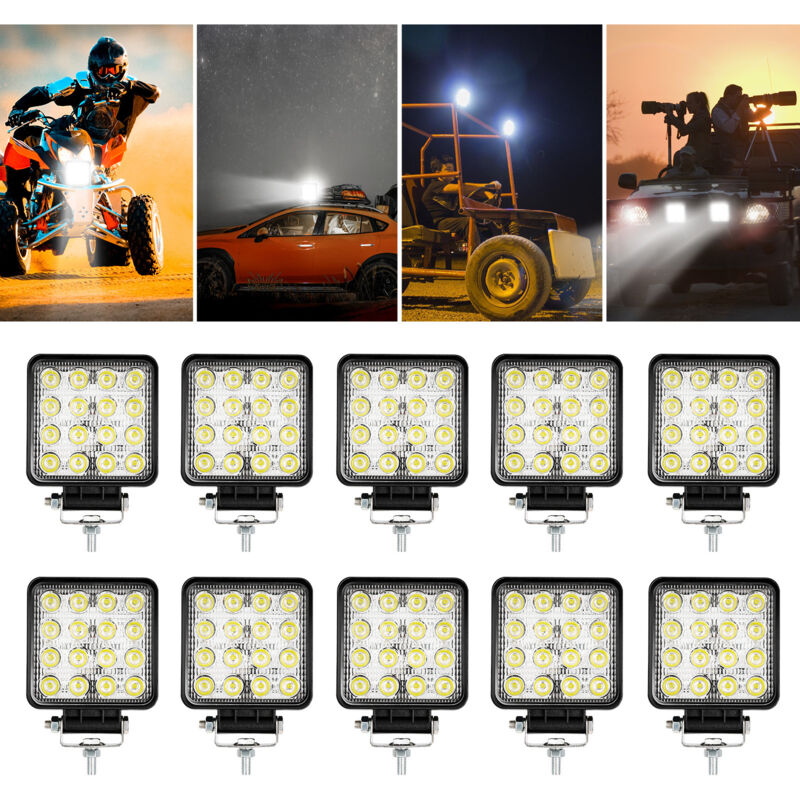SWANEW 10X 48W Projecteur Phare de Travail 12V 24V LED Carré LED Moto Spot Feux Additionnels Offroad Lampe