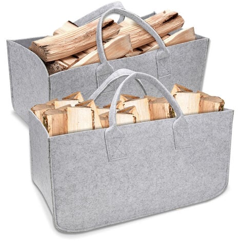 VINGO SWANEW 2 Stück Filztaschen für Kaminholz Einkaufstasche Filzkorb Holzkorb Kaminholztasche Einkaufskorb Zeitungskorb Shopper aus Filz faltbar groß grau 2er Set 50 x 25 x 25