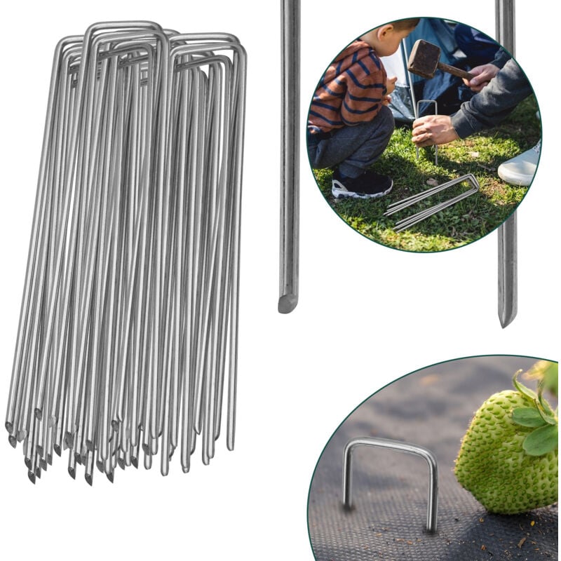 200 pièces Ancre au sol Piquets en acier galvanisé 150 pièces25mm ancrage au sol pour bâches filets de jardinage en u Arrondi - Swanew