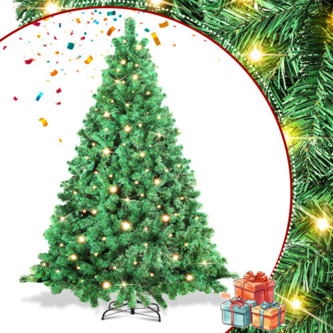 SWANEW 210cm Albero di Natale artificiale da con illuminazione, 8 modalità di illuminazione con supporto in metallo, albero di Natale in PVC per decorazioni natalizie