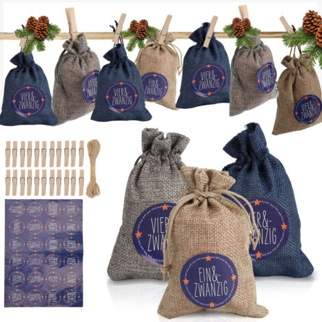 SWANEW 24 Borsa Calendario dell'Avvento in tessuto, 24 adesivi digitali, borse regali di Natale fai da te a, borse decorative ciondoli, borsa di stoccaggio piccoli oggetti, blu/bianco/grigio
