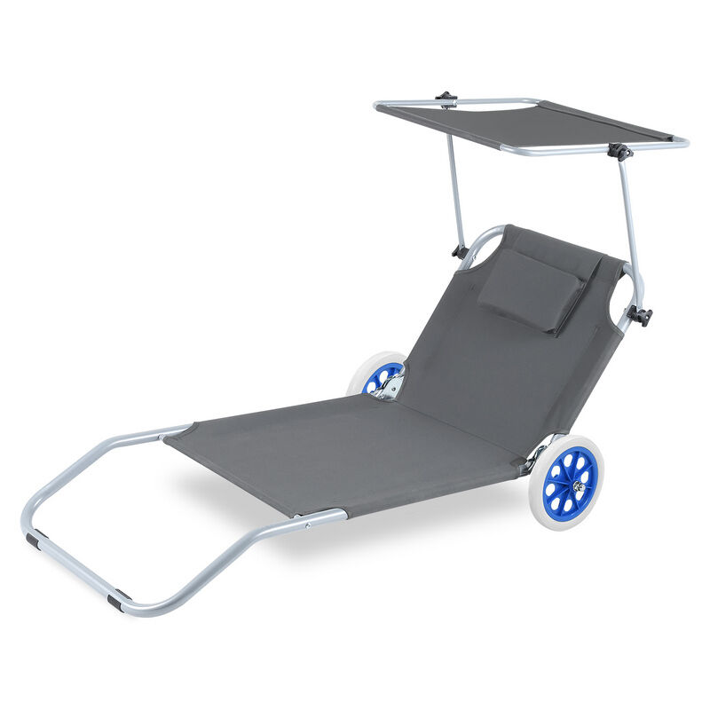 Hengda Chaise longue de jardin 150x60x27cm-Gris Foncé Chaise longue pliable Chaise de plage jusqu'à 100 kg avec 2 roues oreiller