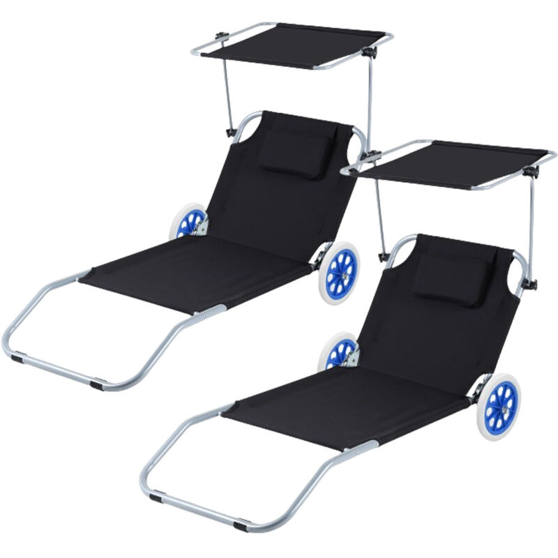 SWANEW 2pcs Chaise longue de jardin, Chaise longue pliable, Chaise de plage, jusqu'à 100 kg-150x60x27cm-Noir