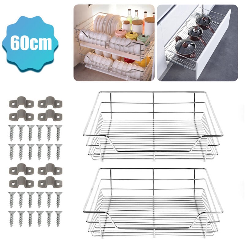 SWANEW 2x 60cm tiroir de cuisine placard coulissant tiroir télescopique cuisine étagère panier coulissant