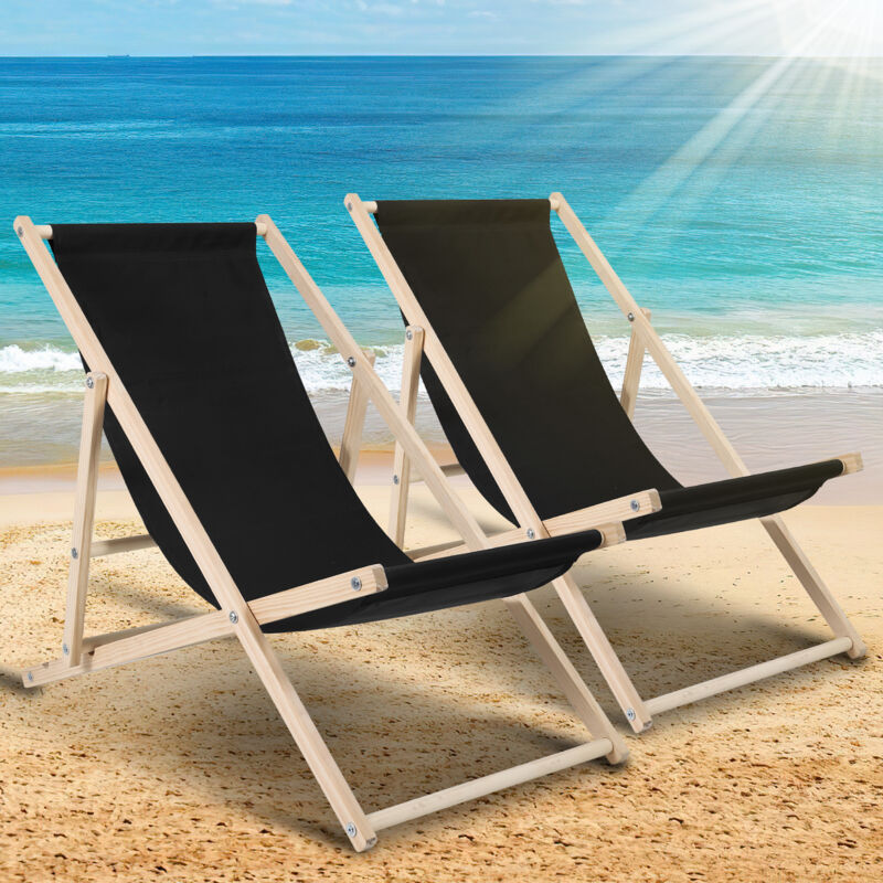 2X Chaise Longue Chilienne Pliable Terrasse Bois Chaise Longue Relax Pliable Noir - Swanew