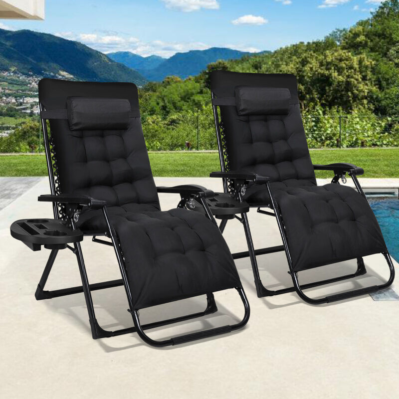 Swanew - 2x Chaise longue relax de jardin Transat en de Jardin 86x75x113cm Charge maximale: 150 kg Noir avec appui-tête réglable + Coussin